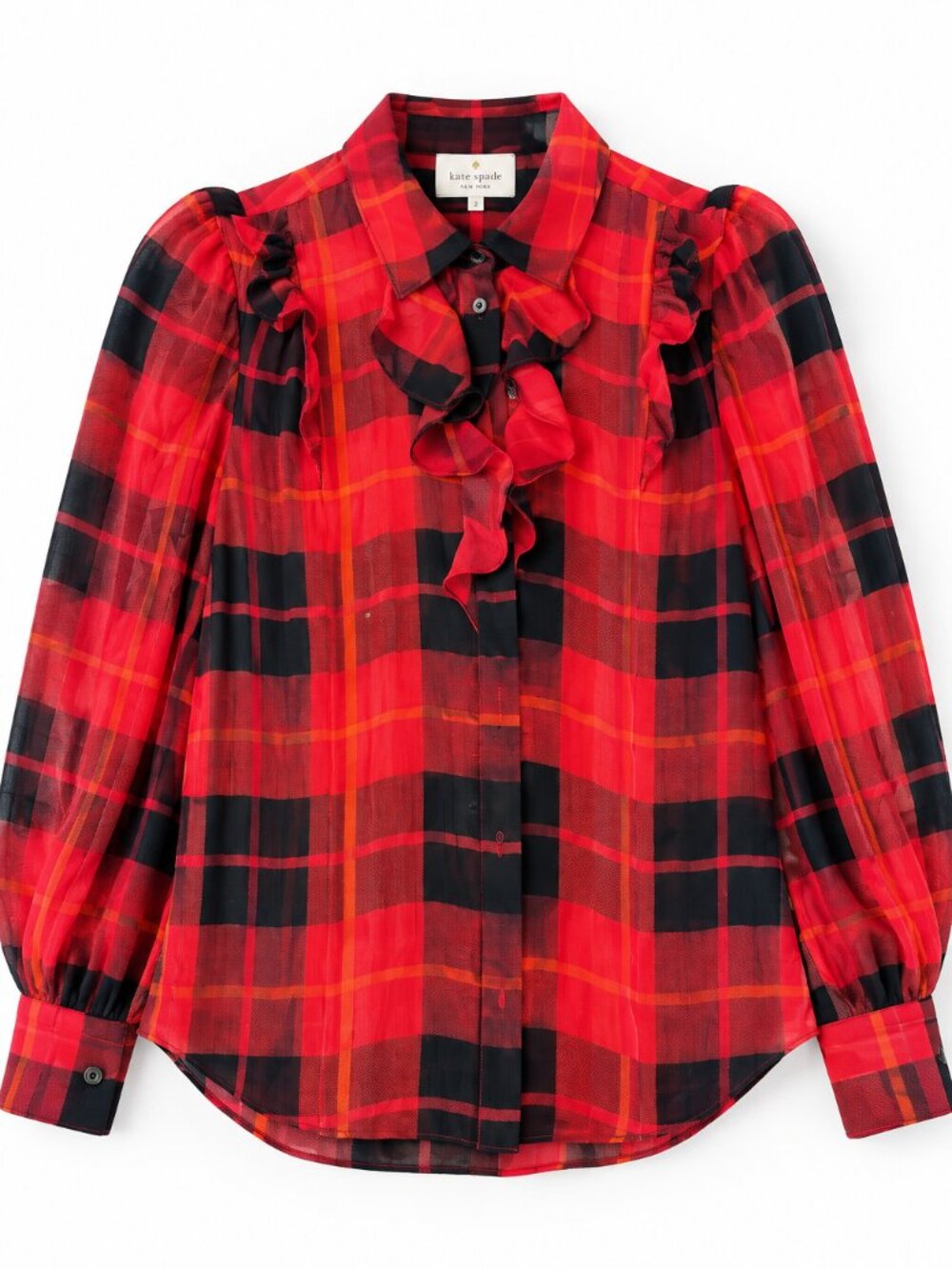 Kate Spade Red Black Plaid Chiffon Ruffle Blouse Long Sleeve Size 2